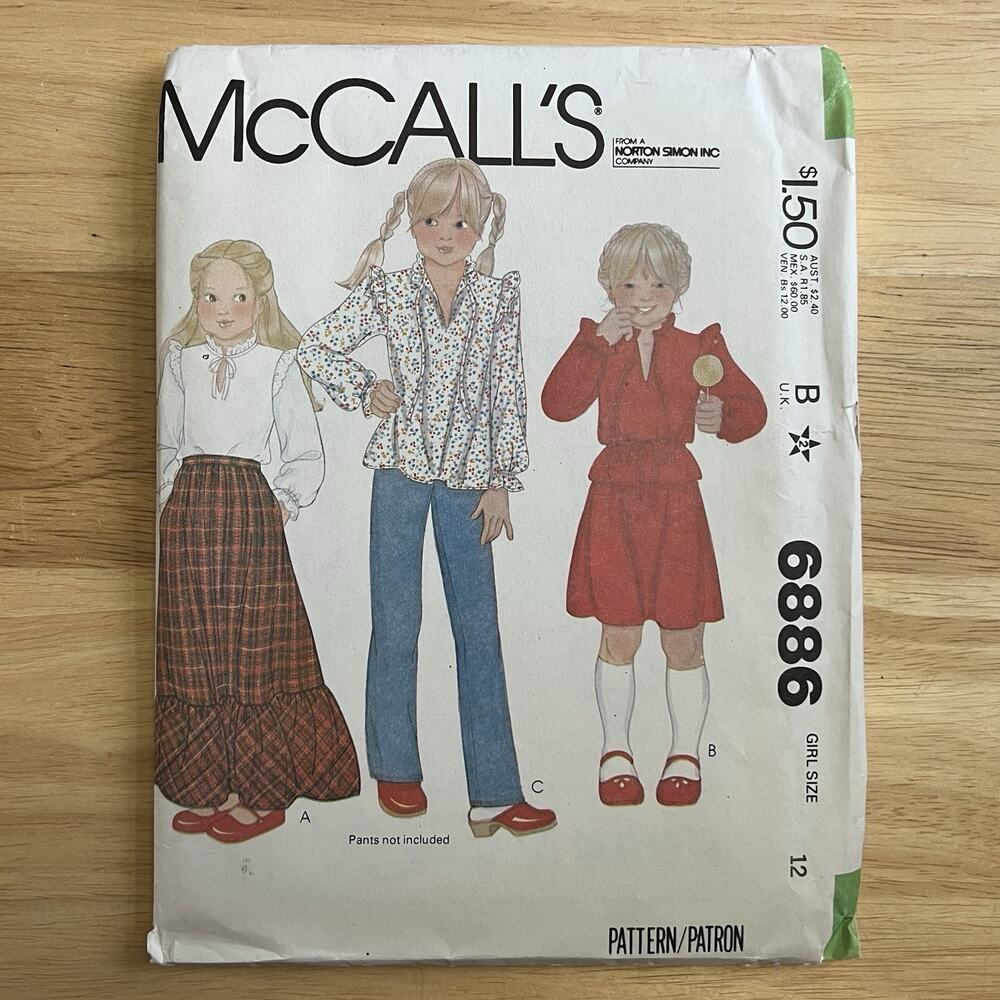 Vintage 6886 McCalls Sewing Pattern Girls Sz 12 Pullover Blouse Skirt 1970s Cut